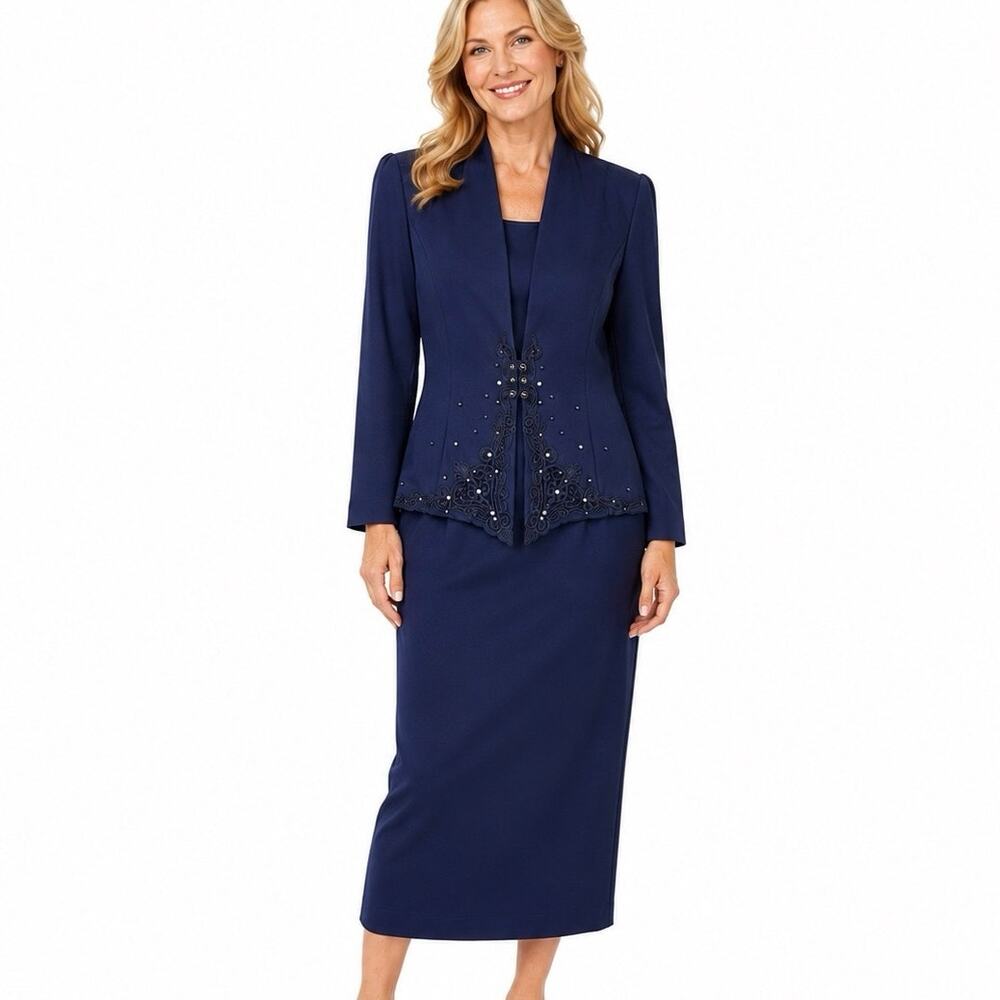 Vintage Petite Navy Blue 2-Piece Maxi Dress with Blazer Beaded Jacket Size 10P